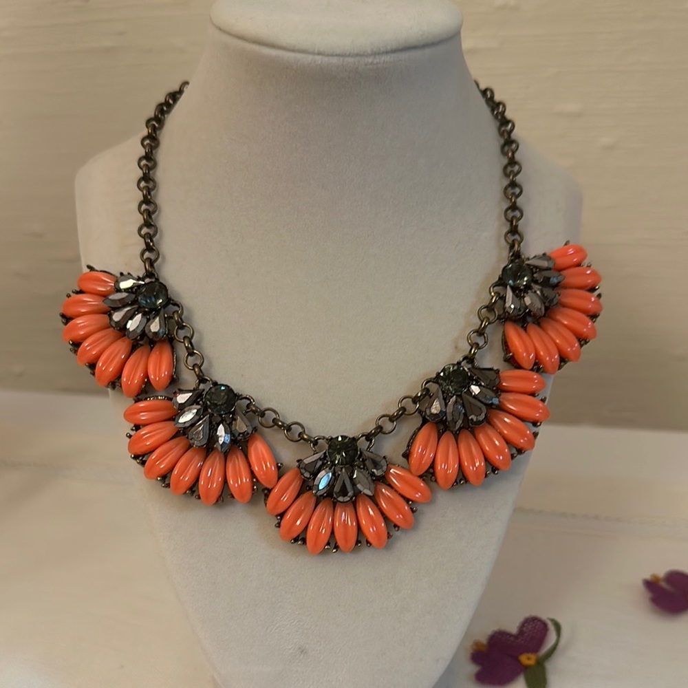 J Crew Orange Coral Bib Necklace with Vintage Metal Chain